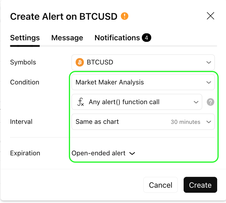 Settings alert TradingView
