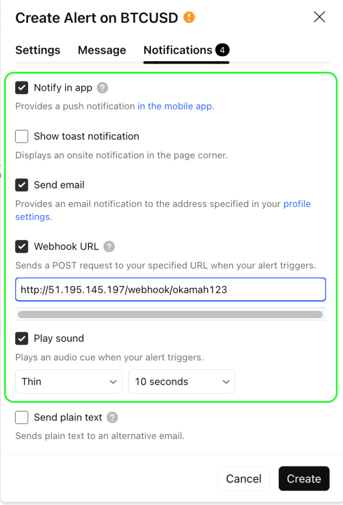 Settings alert TradingView