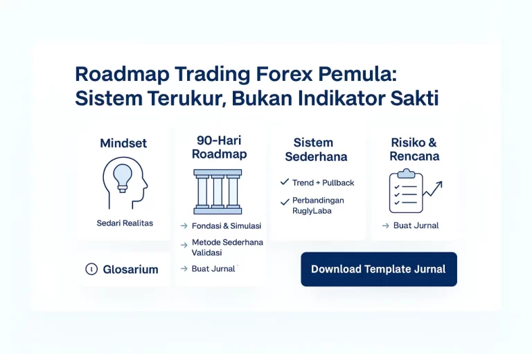 Panduan lengkap trading forex untuk pemula: dari mindset, setup sederhana RR≥1:2, rumus position size, hingga jurnal & roadmap 90 hari.